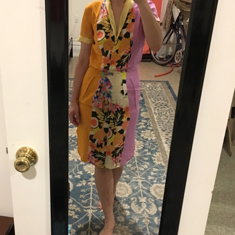 Etro Colorblock 100% Silk Dress Orange/Lavender